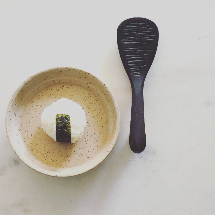 handcrafted ceramic carved wood rice paddle onigiri